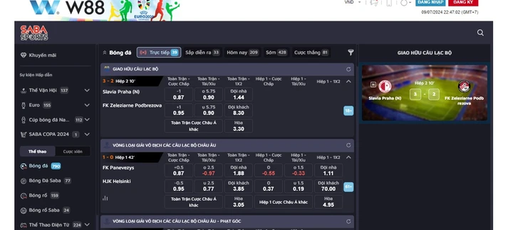 Tiến hành chọn hình thức cược và đặt tiền cược với Thể thao SABA W88